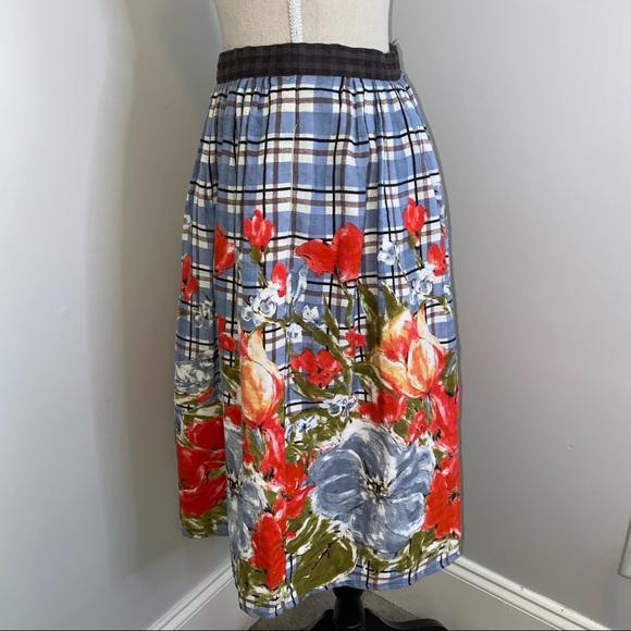 Odille Anthropologie linen blend plaid floral bird print full skirt size 0-2 XS - Picture 2 of 9